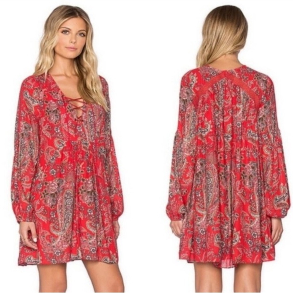 Free People Rain or Shine Printed Dress Poppy Combo Paisley Tunic Boho Flowy - Picture 2 of 15